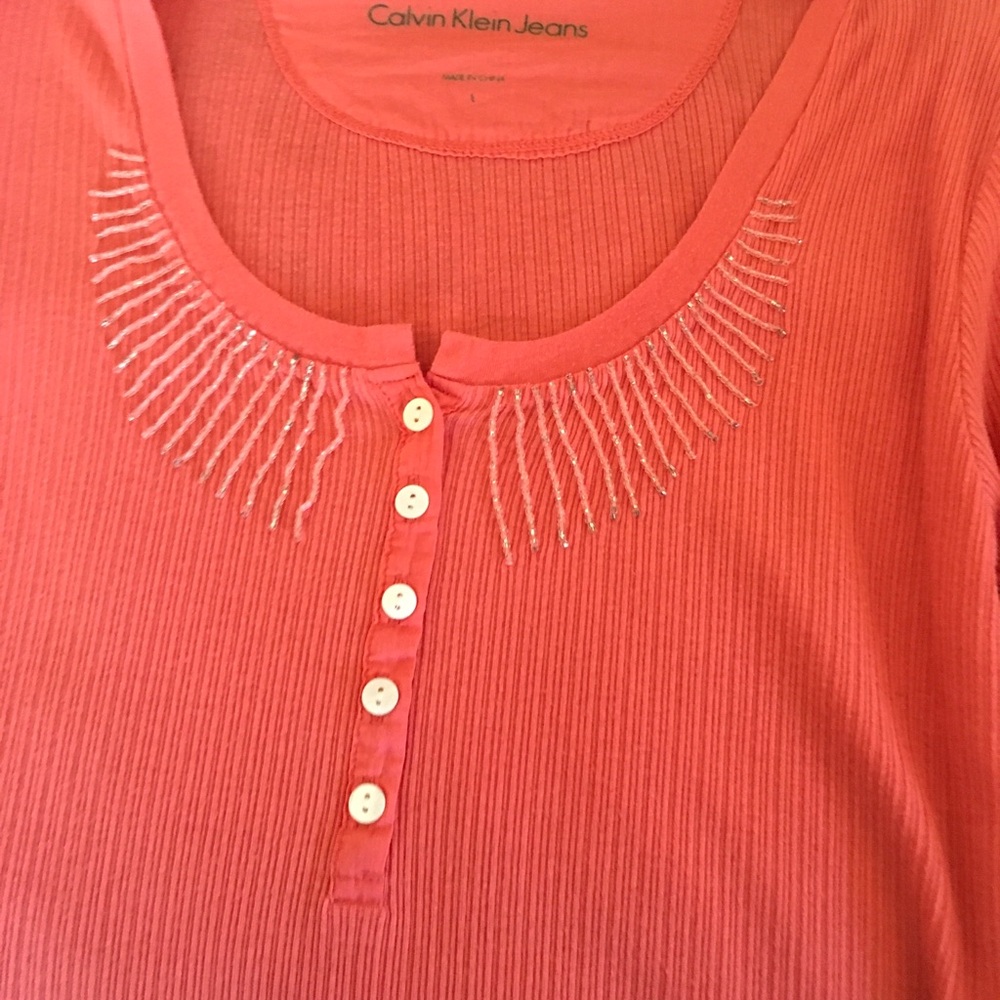 Calvin Klein Jeans Coral Ribbed Long-Sleeve Henley with Bead Trim
